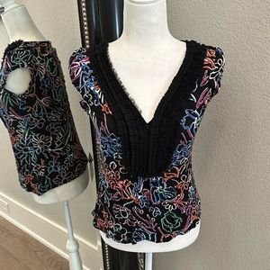 Anthropologie Ric Rac short sleeve top shirt tee blouse size Small Black Floral